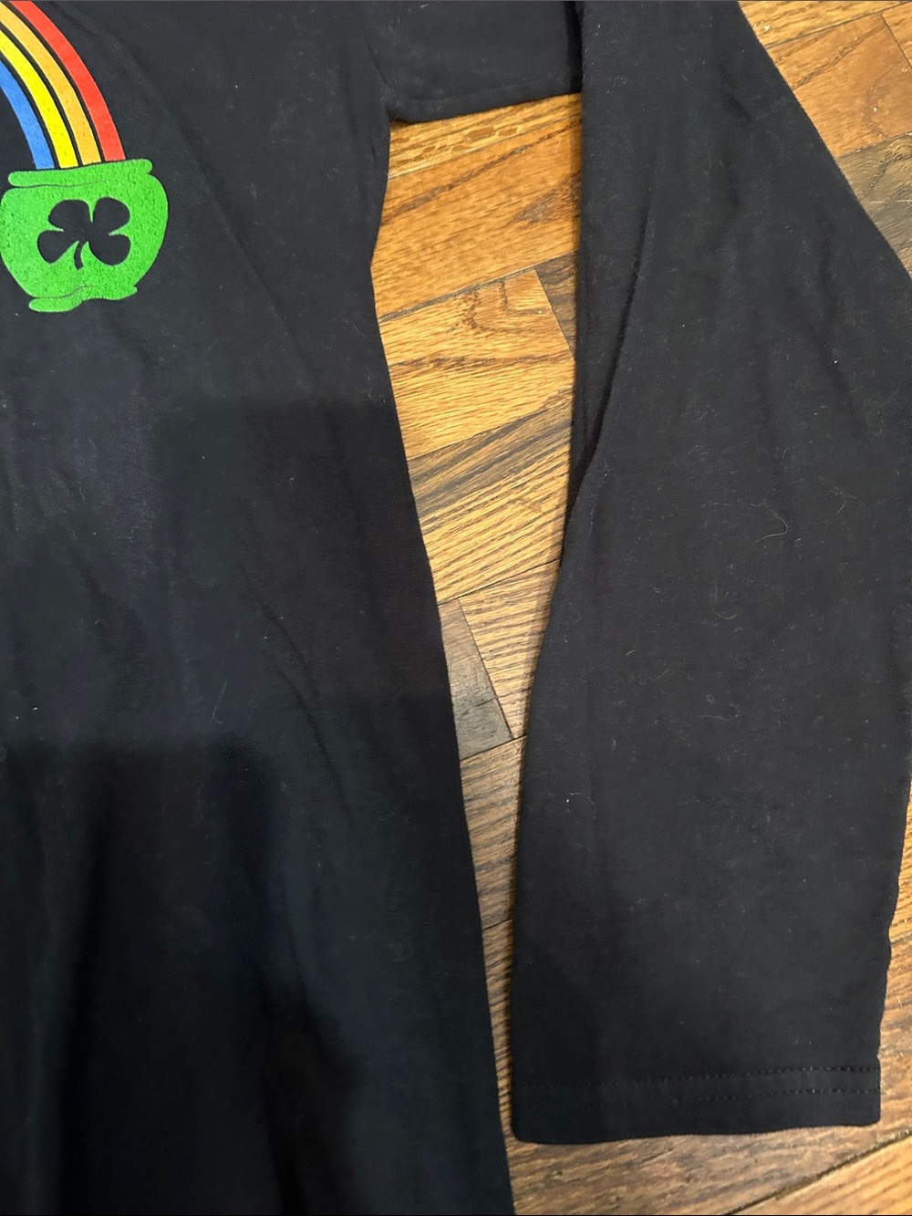 Disney Black Long Sleeve women’s Tee with Neon Green Shamrock and Rainbow - Picture 5 of 7